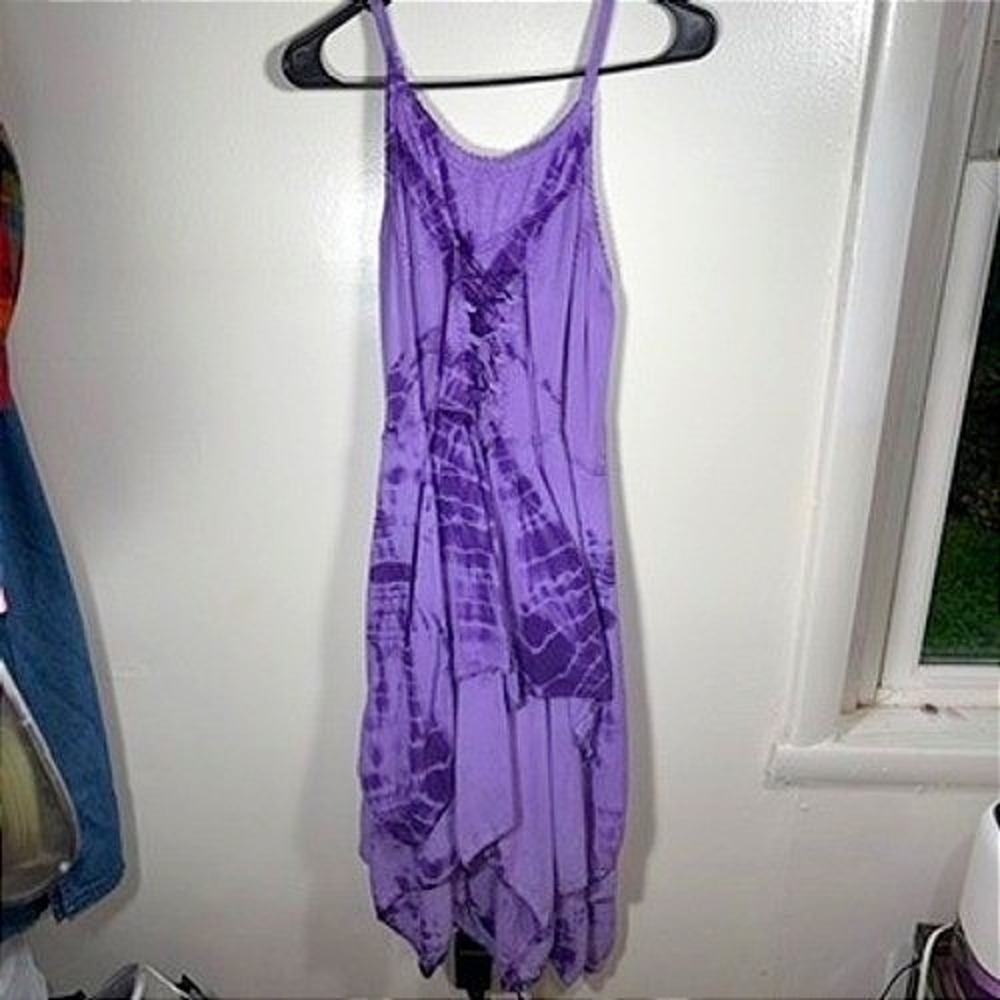 Vintage Boho Dress Sz OS Purple Tie Dye Lace Up Fairycore Handkerchief Corset